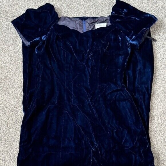 Williams Dark Blue Lined Velvet Maxi Dress with Slit Plunging Scallop Neckline S - Picture 5 of 16